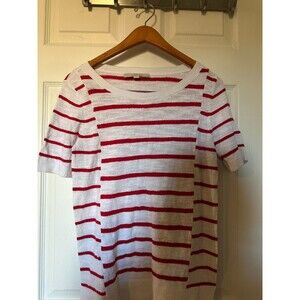 Loft Knit Top Red & White Striped Popover Short Sleeve Thin Cotton Blend SM